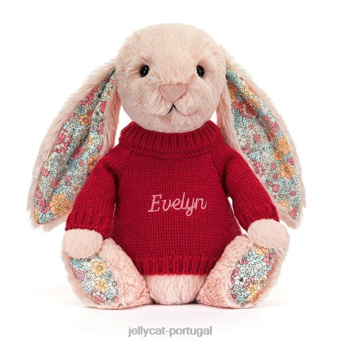 coelhinho blush florido com suéter vermelho pêssego personalizado Jellycat 00FBB425 brinquedo