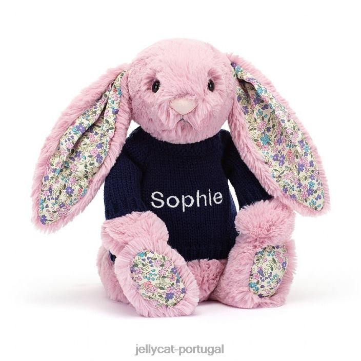coelhinho tulipa em flor com suéter azul marinho personalizado rosa Jellycat 00FBB466 brinquedo