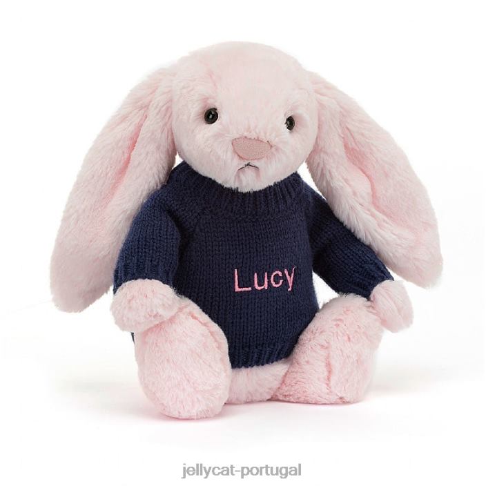 coelhinho rosa tímido com suéter azul marinho personalizado rosa bebê Jellycat 00FBB398 brinquedo