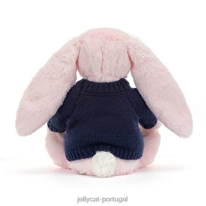 coelhinho rosa tímido com suéter azul marinho personalizado rosa bebê Jellycat 00FBB398 brinquedo