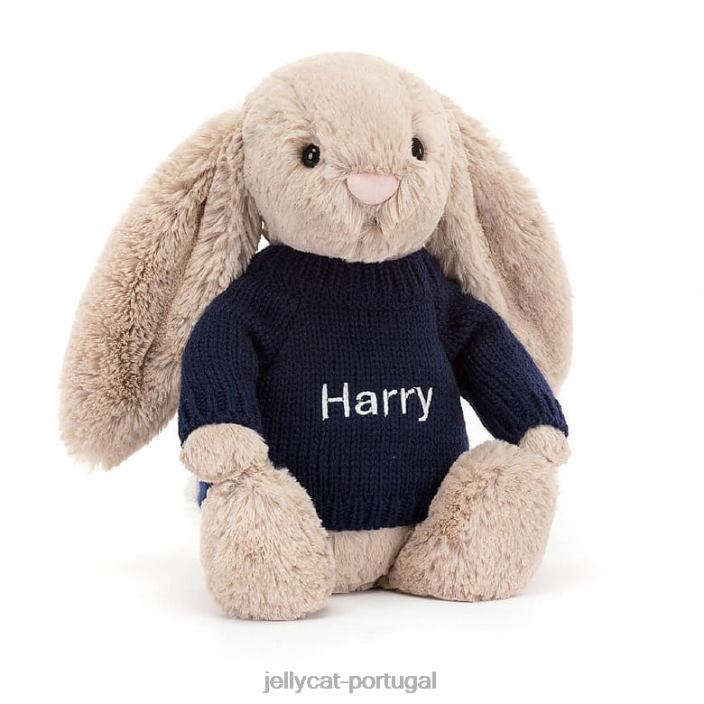 coelhinho tímido com suéter azul marinho personalizado bege Jellycat 00FBB147 brinquedo