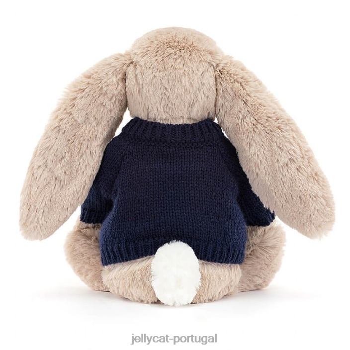 coelhinho tímido com suéter azul marinho personalizado bege Jellycat 00FBB147 brinquedo