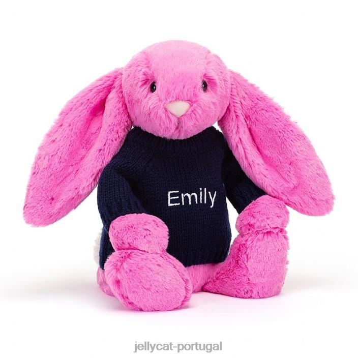 coelhinho tímido com suéter azul marinho personalizado rosa choque Jellycat 00FBB470 brinquedo