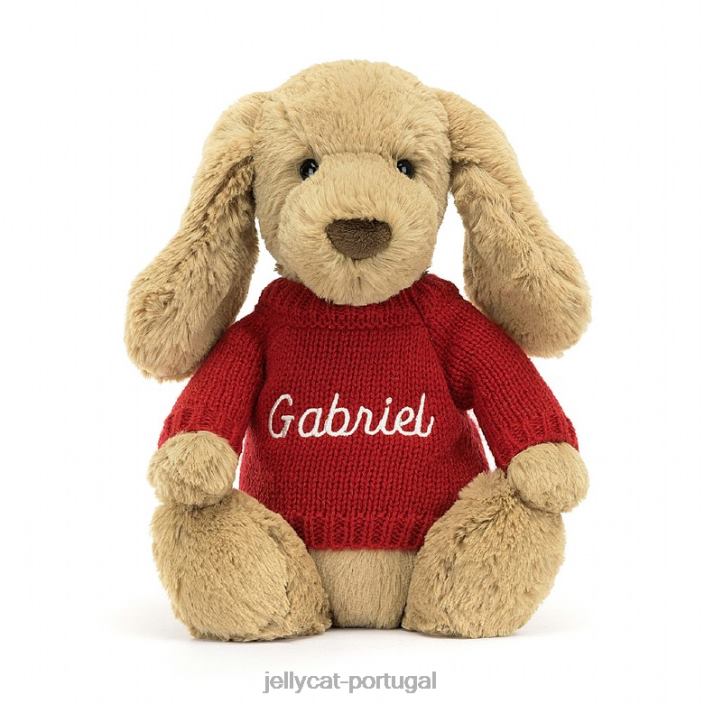 cachorrinho caramelo tímido com suéter vermelho bege personalizado Jellycat 00FBB158 brinquedo