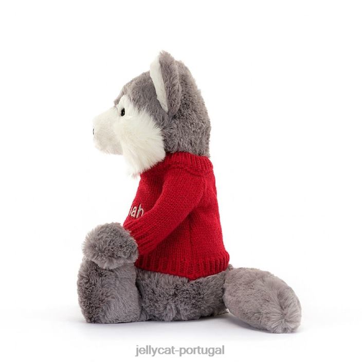 lobo tímido com suéter vermelho personalizado cinza e branco Jellycat 00FBB241 brinquedo