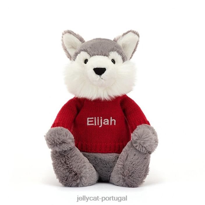 lobo tímido com suéter vermelho personalizado cinza e branco Jellycat 00FBB241 brinquedo