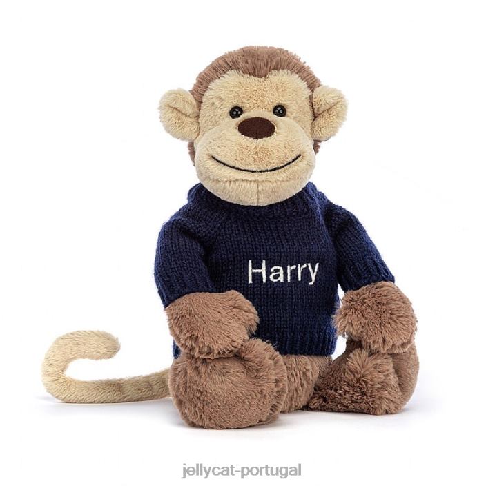 macaco tímido com suéter azul marinho personalizado marrom Jellycat 00FBB192 brinquedo